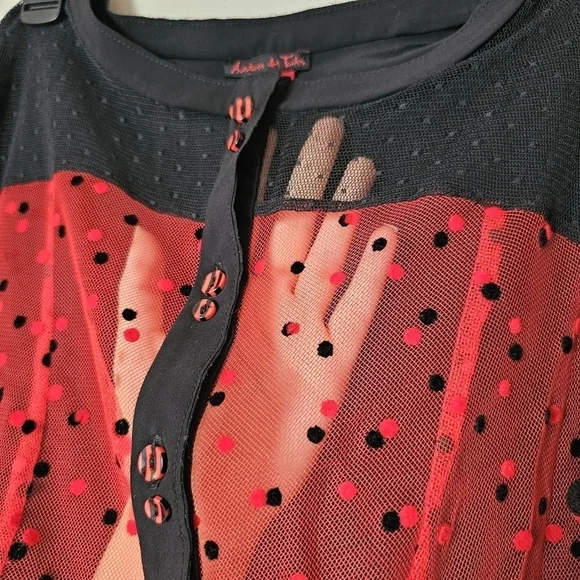 Aventures des Toiles black red polka dot whimsigoth sheer button-down shirt - Picture 8 of 12